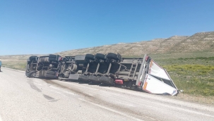 Kontrolden çıkan sebze yüklü tır devrildi